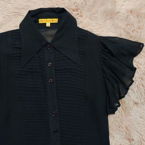 Catherine Malandrino Vintage Style Dagger Collar Sheer Silk Black Blouse